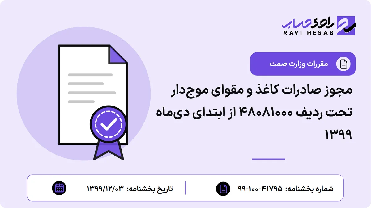 مجوز صادرات کاغذ و مقوای موجدار تحت ردیف ۴۸۰۸۱۰۰۰ از ابتدای دیماه ۱۳۹۹