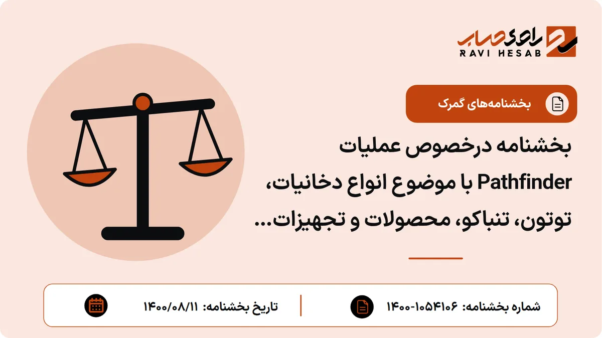 بخشنامه درخصوص عملیات Pathfinder با موضوع انواع دخانیات، توتون، تنباکو، محصولات و تجهیزات مربوط به دخانیات، مواد شیمیایی، کاغذها و سایر مواد دخیل در تولید غیرقانونی محصولات دخانی