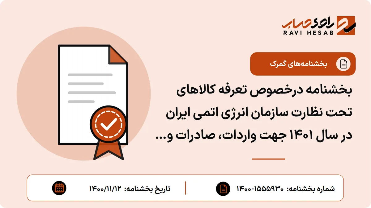 بخشنامه درخصوص تعرفه کالاهای تحت نظارت سازمان انرژی اتمی ایران در سال ۱۴۰۱ جهت واردات، صادرات و ترانزیت کالاهای تحت کنترل