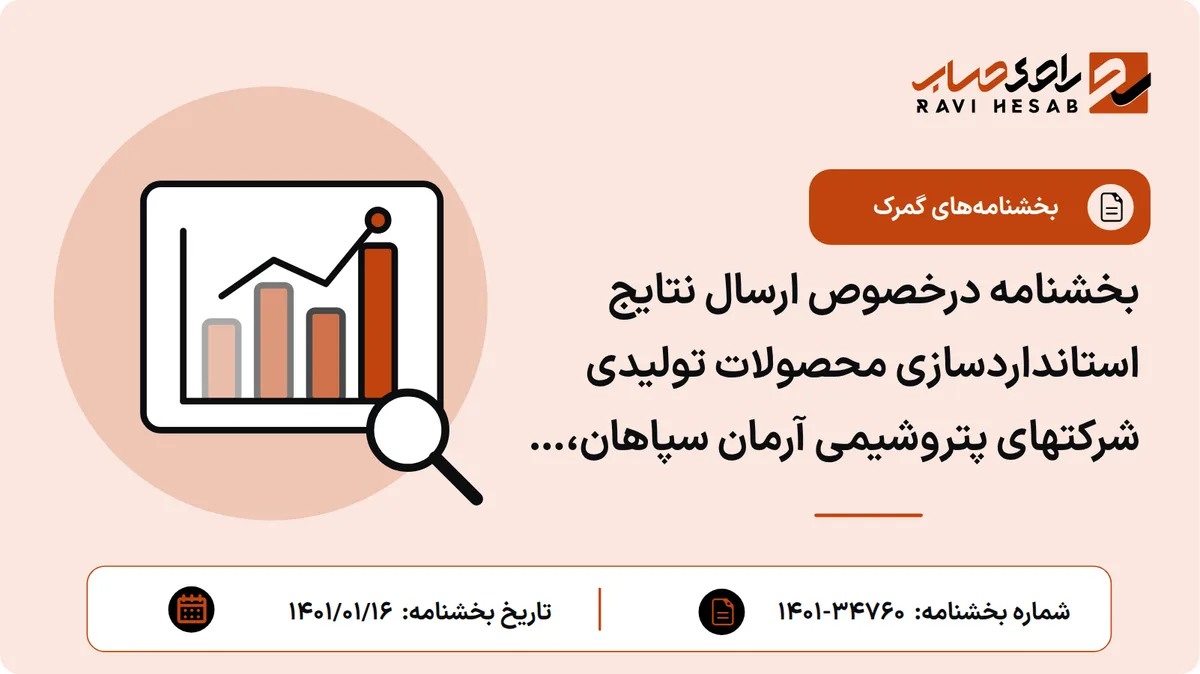 بخشنامه درخصوص ارسال نتایج استانداردسازی محصولات تولیدی شرکتهای پتروشیمی آرمان سپاهان، طلایه داران نفت کوثر آذربایجان، آذران دومان سهند، پتروپالایش کنگان، پتروپالایش تکران پارس