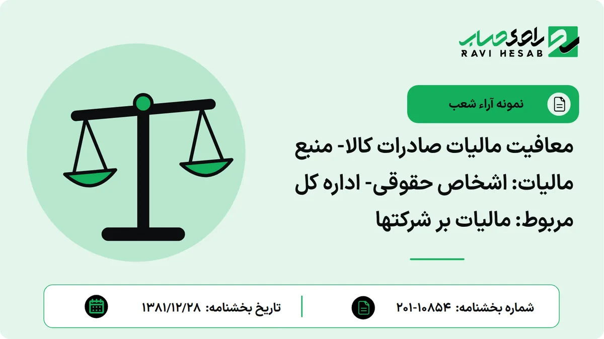 معافیت مالیات صادرات کالا- منبع مالیات: اشخاص حقوقی- اداره کل مربوط: مالیات بر شرکتها