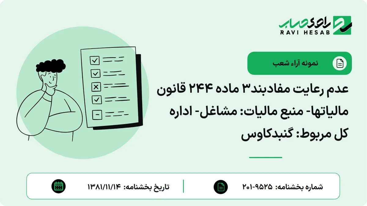عدم رعایت مفادبند3 ماده 244 قانون مالیاتها- منبع مالیات: مشاغل- اداره کل مربوط: گنبدکاوس
