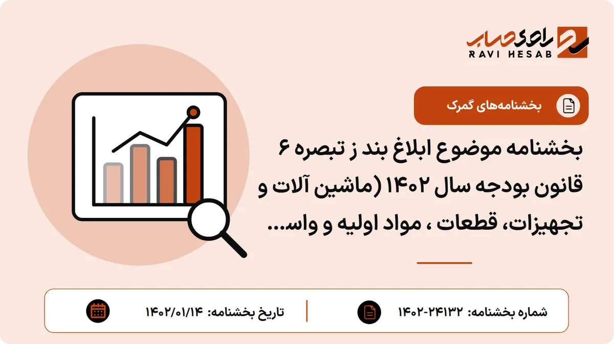 بخشنامه موضوع ابلاغ بند ز تبصره ۶ قانون بودجه سال ۱۴۰۲ (ماشین آلات و تجهیزات، قطعات ، مواد اولیه و واسطه ای تولیدی، صنعتی، معدنی و کشاورزی مشمول ماخذ حقوق گمرکی یک درصد)