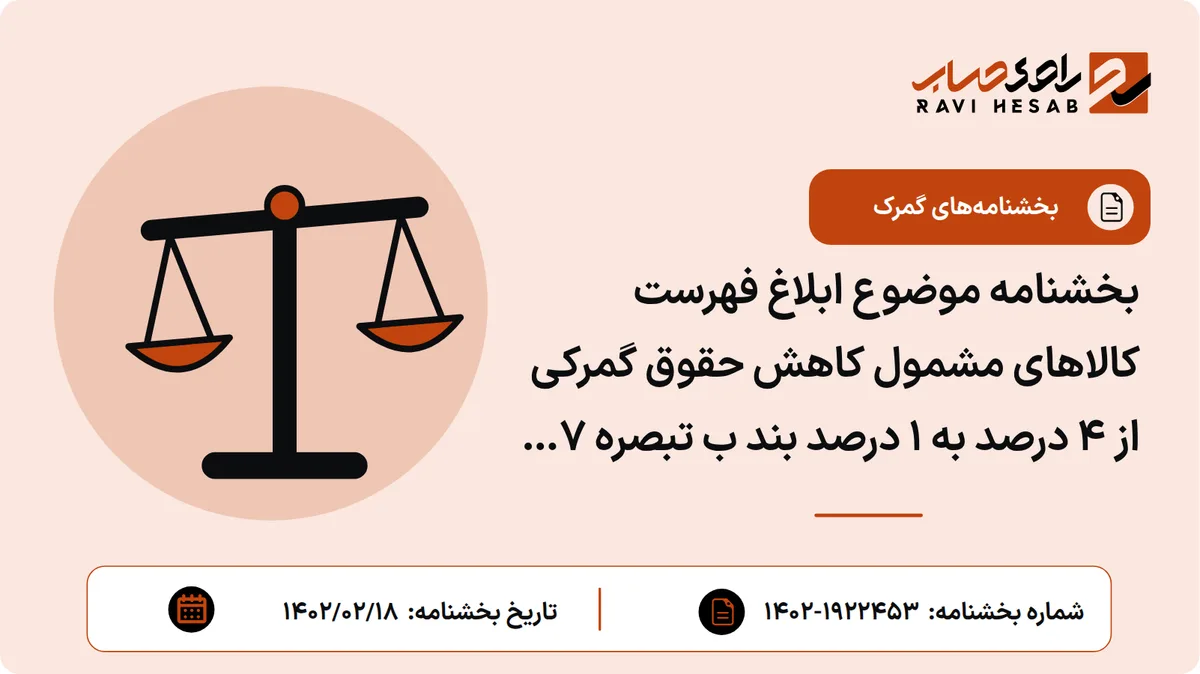 بخشنامه موضوع ابلاغ فهرست کالاهای مشمول کاهش حقوق گمرکی از ۴ درصد به ۱ درصد بند ب تبصره ۷ قانون بودجه سال ۱۴۰۲