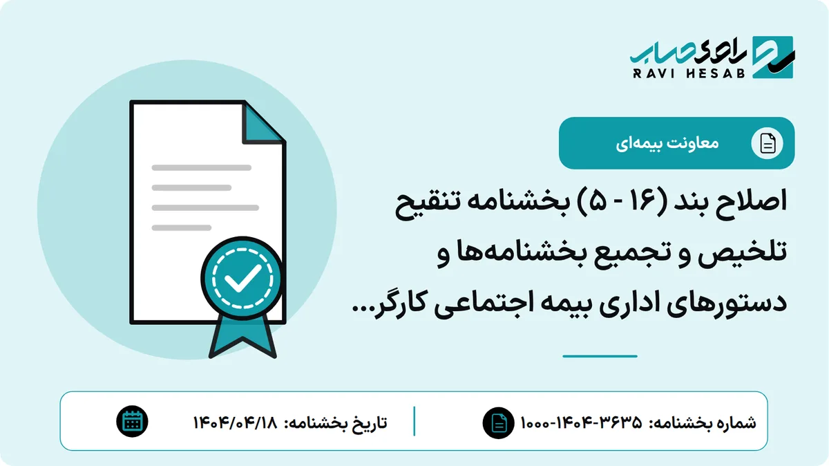 اصلاح بند (۱۶ - ۵) بخشنامه تنقیح تلخیص و تجمیع بخشنامهها و دستورهای اداری بیمه اجتماعی کارگران ساختمانی به شماره ۱۰۰۰/۹۹/۱۰۲۱۰ مورخ ۱۳۹۱/۱۰/۳۰ و الحاق بند (۱۷-۵) پیرامون نحوه محاسبه حق بیمه تفاهم نامه ها و قراردادهای طرح (پروژه) های حمایتی بافت فرسوده مسکن روستایی و طرح نهضت ملی مسکن