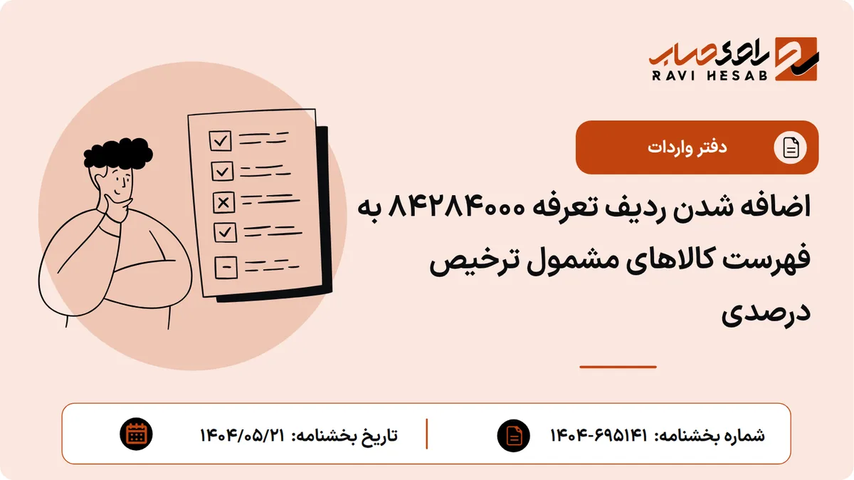 اضافه شدن ردیف تعرفه ۸۴۲۸۴۰۰۰ به فهرست کالاهای مشمول ترخیص درصدی