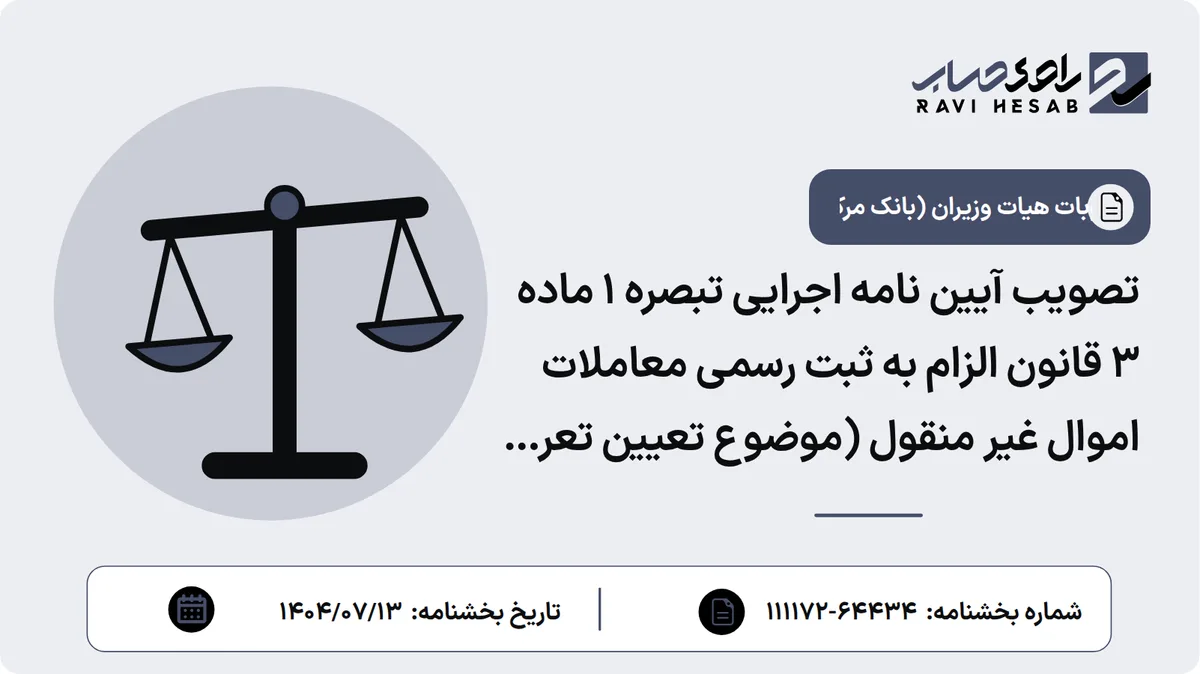 تصویب آیین نامه اجرایی تبصره ۱ ماده ۳ قانون الزام به ثبت رسمی معاملات اموال غیر منقول (موضوع تعیین تعرفه دلالان معاملات املاک)