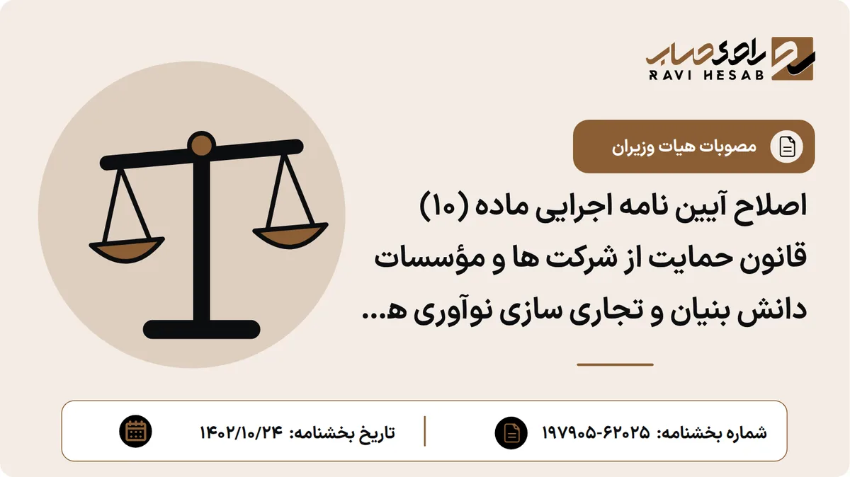 اصلاح آیین نامه اجرایی ماده (10) قانون حمایت از شرکت ها و مؤسسات دانش بنیان و تجاری سازی نوآوری ها و اختراعات