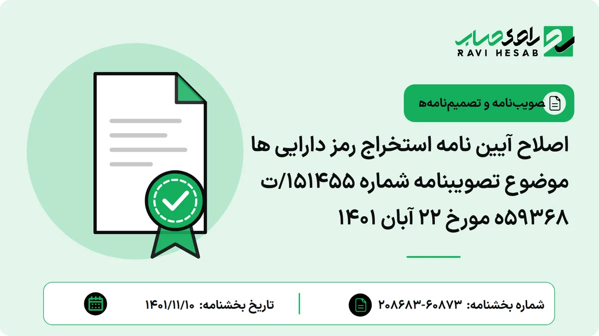 اصلاح آیین نامه استخراج رمز دارایی ها موضوع تصویبنامه شماره ۱۵۱۴۵۵/ت ۵۹۳۶۸ه مورخ ۲۲ آبان ۱۴۰۱