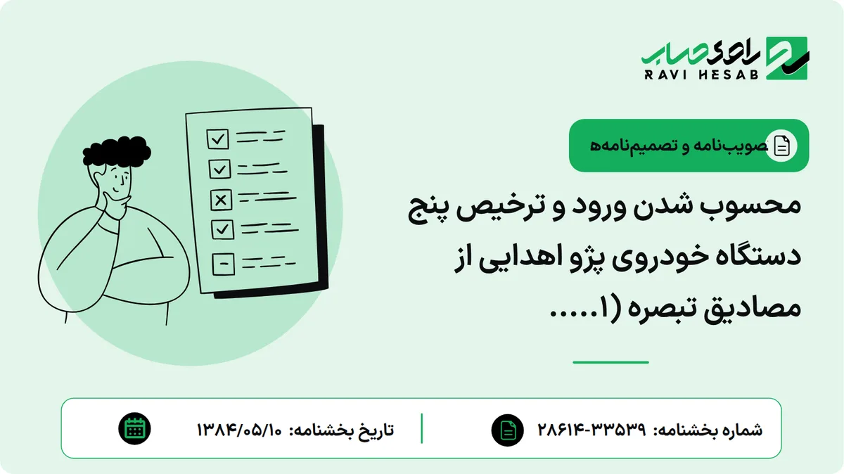 محسوب شدن ورود و ترخیص پنج دستگاه خودروی پژو اهدایی از مصادیق تبصره (1.....