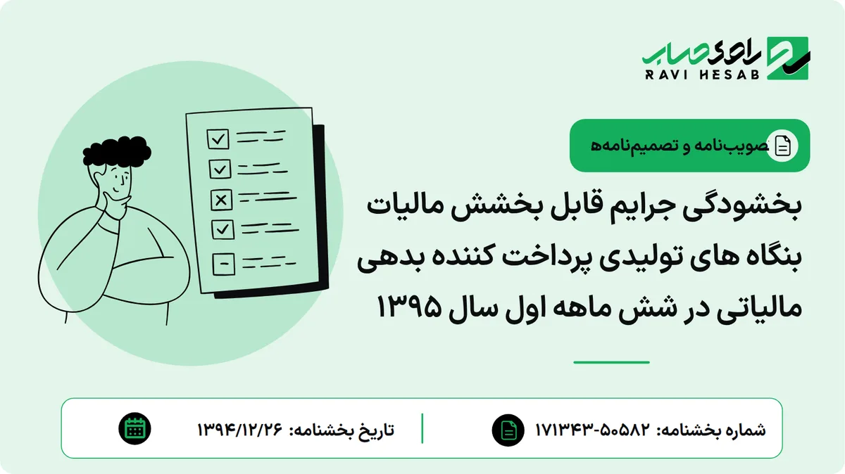 بخشودگی جرایم قابل بخشش مالیات بنگاه های تولیدی پرداخت کننده بدهی مالیاتی در شش ماهه اول سال ۱۳۹۵
