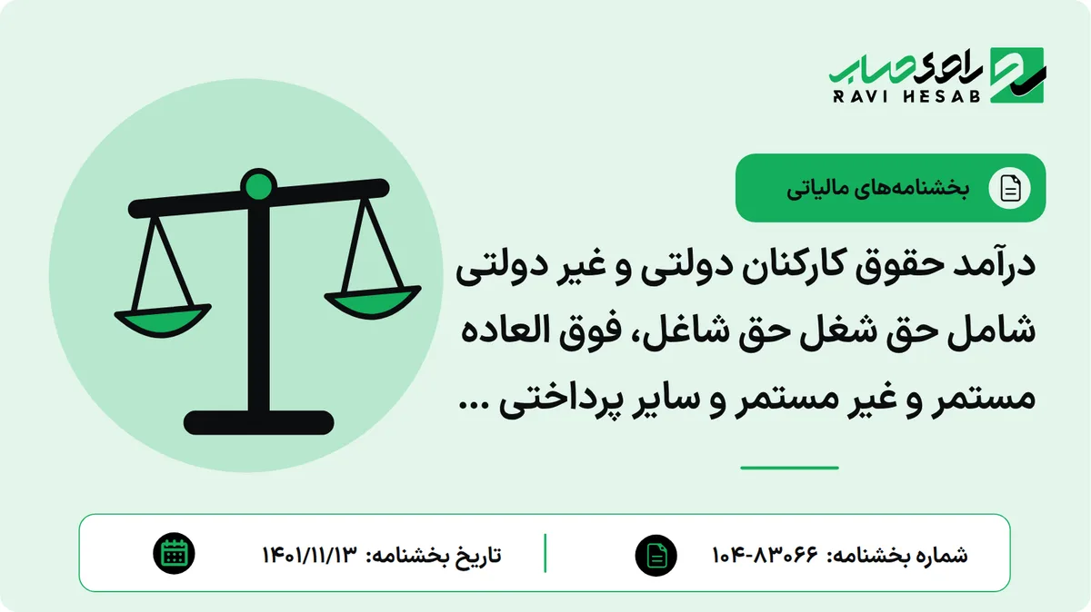 درآمد حقوق کارکنان دولتی و غیر دولتی شامل حق شغل حق شاغل، فوق العاده مستمر و غیر مستمر و سایر پرداختی ها و کارانه به استثنای عیدی پایان سال پس از کسر معافیتهای مقرر در قانون مالیات های مستقیم و سایر قوانین و همچنین موارد عدم شمول مواد ۸۲ و ۸۳ قانون مالیاتهای مستقیم شامل کمک هزینه مهد کودک یارانه غذا، ایاب و ذهاب و هزینه مسکن کمک هزینه ورزش و کمک هزینه تلفن همراه به نرخ های مقرر در قانون مذکور بودجه سال (۱۴۰۱) مشمول مالیات میباشد