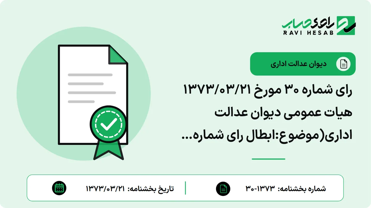 رای شماره ۳۰ مورخ ۱۳۷۳/۰۳/۲۱ هیات عمومی دیوان عدالت اداری(موضوع:ابطال رای شماره ۱۴۴۳۷/۴/۳۰ – ۷۱/۱۲/۱۹ هیات عمومی شورای عالی مالیاتی)