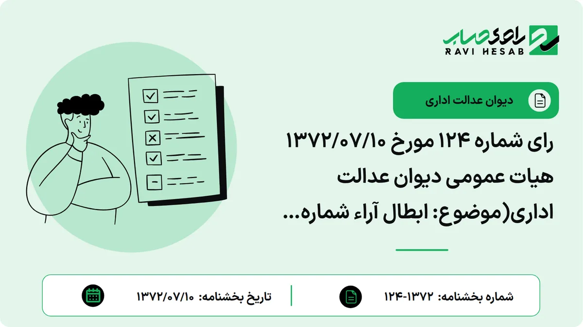 رای شماره ۱۲۴ مورخ ۱۳۷۲/۰۷/۱۰ هیات عمومی دیوان عدالت اداری(موضوع: ابطال آراء شماره ۴۳۵۵/۴/۳۰ – ۳۰/۴/۱۳۶۷ و ۱۱۳۴۱/۴/۳۰ – ۲۳/۷/۱۳۶۸ هیات عمومی شورای مالیاتی و بخشنامههای ۳۶۲۴/۵/۳۰ – ۸/۸/۱۳۶۸ و ۱۴۳۵/۵/۳۰ – ۸/۵/۱۳۶۷ دفتر فنی مالیاتی وزارت امور اقتصاد و دارایی)