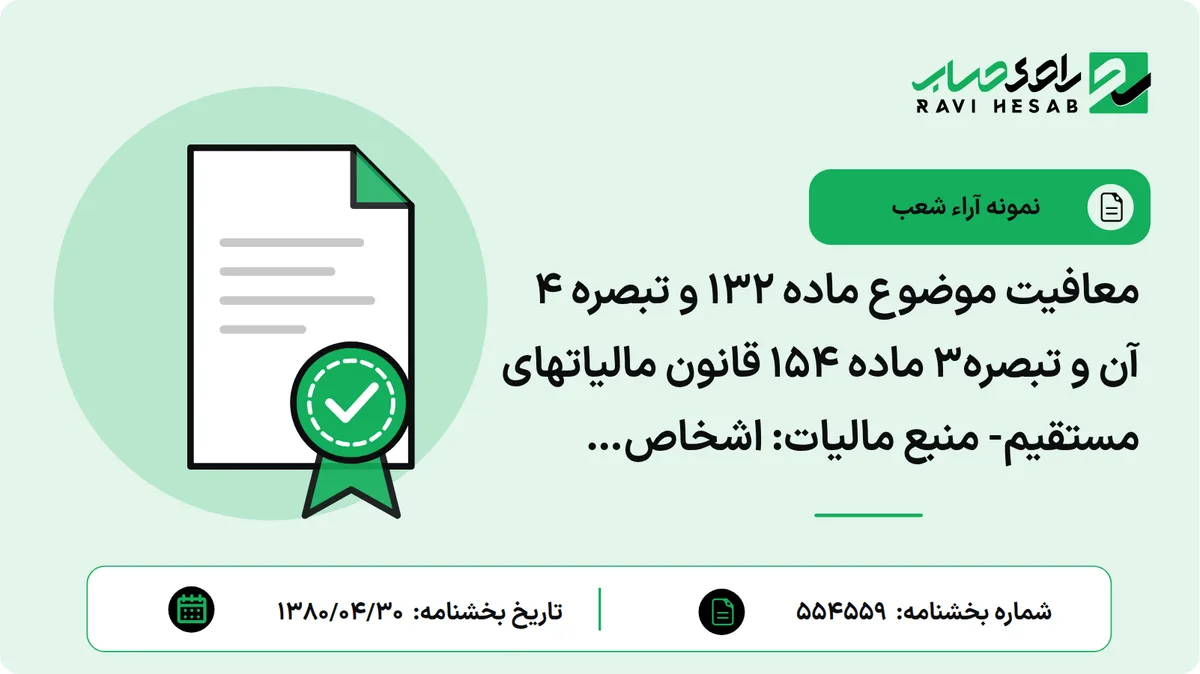 معافیت موضوع ماده 132 و تبصره 4 آن و تبصره3 ماده 154 قانون مالیاتهای مستقیم- منبع مالیات: اشخاص حقوقی- اداره کل مربوط: کاشان