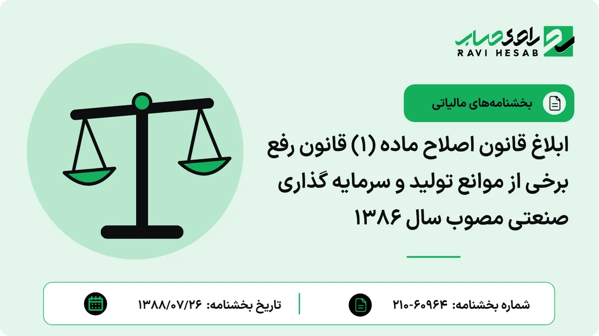 ابلاغ قانون اصلاح ماده (1) قانون رفع برخی از موانع تولید و سرمایه گذاری صنعتی مصوب سال 1386