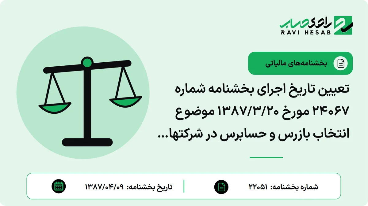 تعیین تاریخ اجرای بخشنامه شماره 24067 مورخ 1387/3/20 موضوع انتخاب بازرس و حسابرس در شرکتهای سهامی