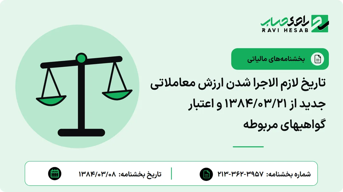 تاریخ لازم الاجرا شدن ارزش معاملاتی جدید از 1384/03/21 و اعتبار گواهیهای مربوطه