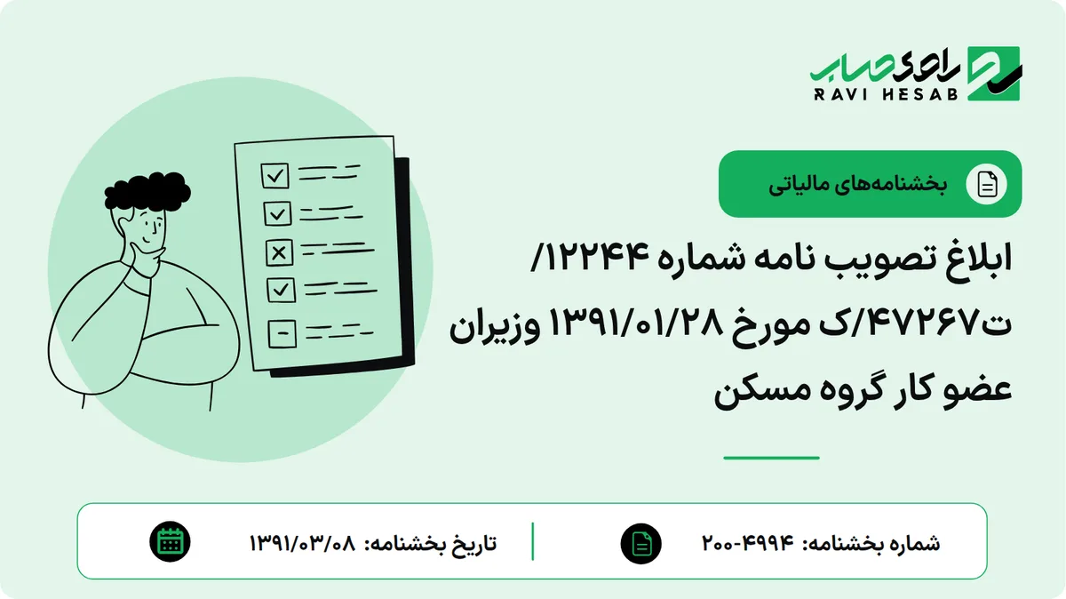 ابلاغ تصویب نامه شماره 12244/ت47267/ک مورخ 1391/01/28 وزیران عضو کار گروه مسکن