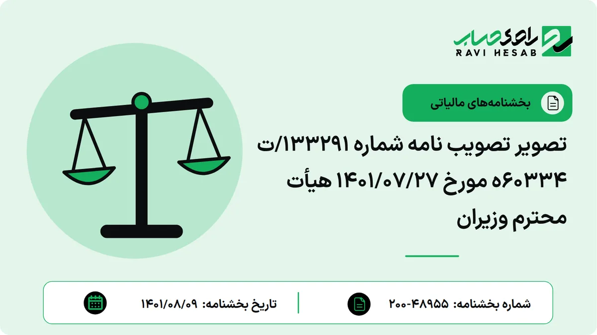 تصویر تصویب نامه شماره 133291/ت 60334ه مورخ 1401/07/27 هیأت محترم وزیران