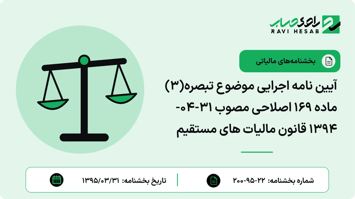آیین نامه اجرایی موضوع تبصره(3) ماده 169 اصلاحی مصوب 31-04-1394 قانون مالیات های مستقیم