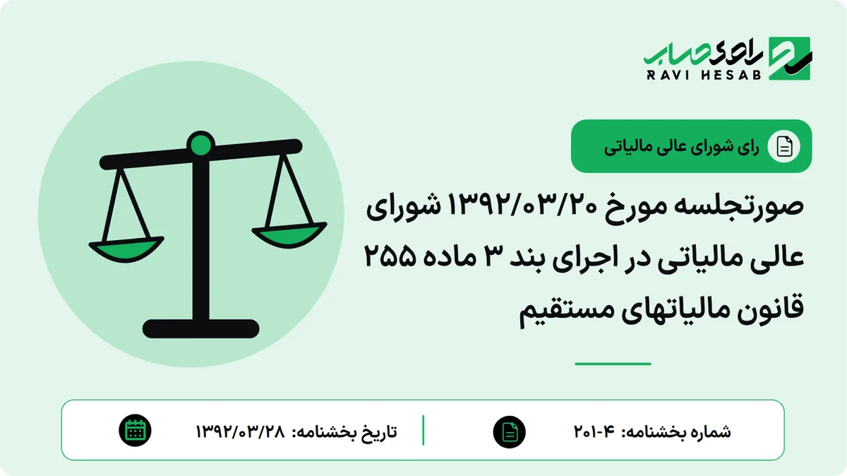 صورتجلسه مورخ 1392/03/20 شورای عالی مالیاتی در اجرای بند 3 ماده 255 قانون مالیاتهای مستقیم
