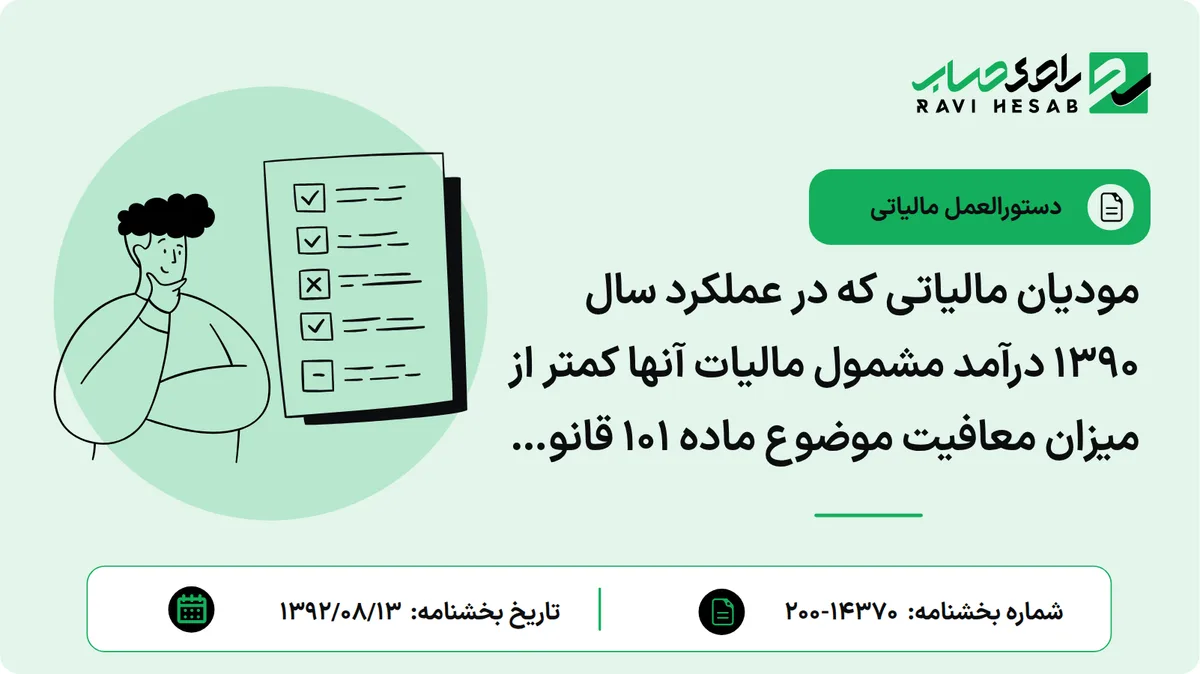 مودیان مالیاتی که در عملکرد سال 1390 درآمد مشمول مالیات آنها کمتر از میزان معافیت موضوع ماده 101 قانون مالیاتهای مستقیم بوده