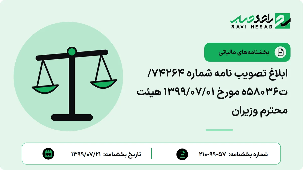 ابلاغ تصویب نامه شماره 74264/ت58036ه مورخ 1399/07/01 هیئت محترم وزیران