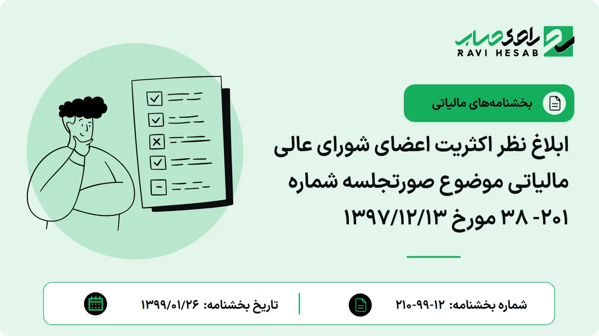 ابلاغ نظر اکثریت اعضای شورای عالی مالیاتی موضوع صورتجلسه شماره 201- 38 مورخ 1397/12/13