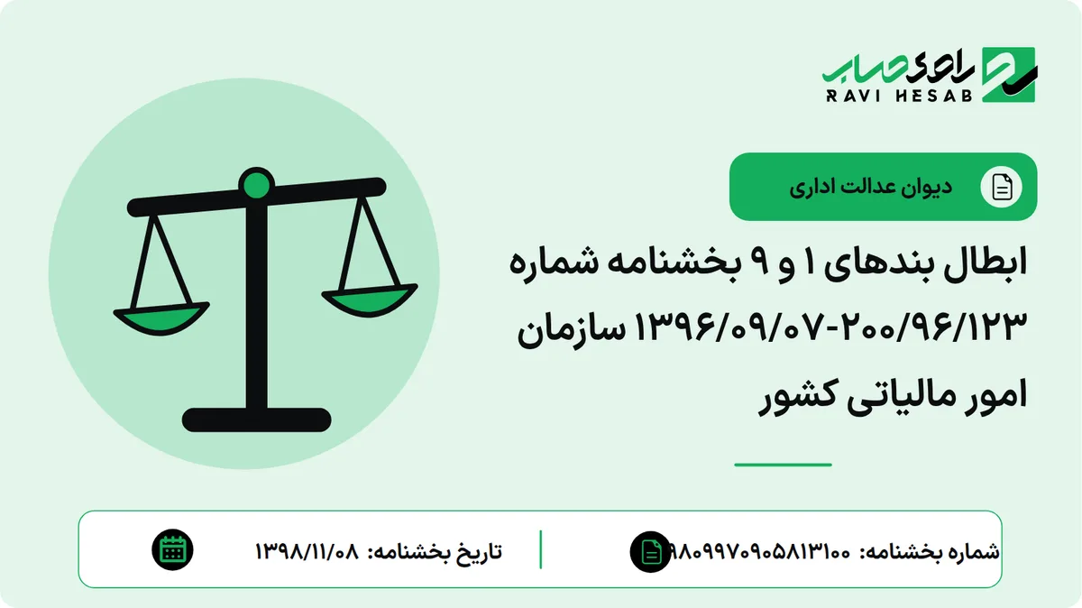 ابطال بندهای 1 و 9 بخشنامه شماره 200/96/123-1396/09/07 سازمان امور مالیاتی کشور