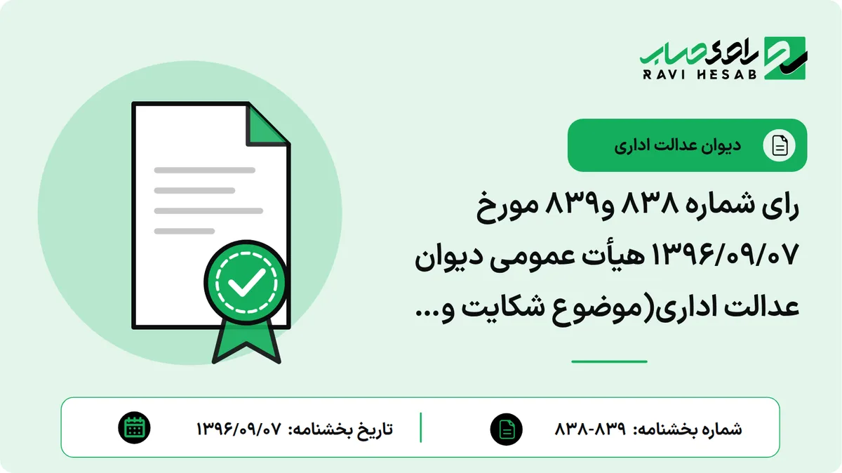 رای شماره ۸۳۸ و۸۳۹ مورخ ۱۳۹۶/۰۹/۰۷ هیأت عمومی دیوان عدالت اداری(موضوع شکایت و خواسته: ابطال الف)۱- بخشنامه شماره ۱۶۲۱۸/۲۰۰-۱۳۹۱/۰۸/۱۰ سازمان امور مالیاتی کشور ۲- نامه شماره ۱۰۷۴۳/۲۰۰-۱۳۹۱/۰۵/۲۴ سازمان امور مالیاتی کشور ۳- بخشنامه شماره ۱۶۳۳۸۳/۸/۲۸۴- ۱۳۹۱/۰۸/۳۰ گمرک جمهوری اسلامی ایران ب) ابطال بخشنامه شماره ۲۵/۹۵/۲۰۰-۱۳۹۵/۰۴/۲۲ سازمان امور مالیاتی کشور)