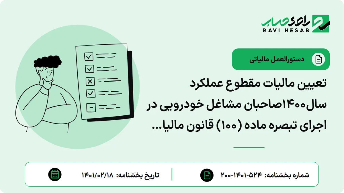 تعیین مالیات مقطوع عملکرد سال1400صاحبان مشاغل خودرویی در اجرای تبصره ماده (100) قانون مالیات های مستقیم اصلاحی مصوب 1394/04/31