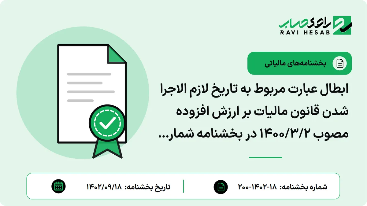 ابطال عبارت مربوط به تاریخ لازم الاجرا شدن قانون مالیات بر ارزش افزوده مصوب ۱۴۰۰/۳/۲ در بخشنامه شماره ۲۱۰/۶۲۰۵۱/د مورخ ۱۴۰۱/۹/۲۷ معاونت حقوقی و فنی مالیاتی که تاریخ اجرای قانون یاد شده را ۱۴۰۰/۱۰/۱۳ اعلام نموده است.