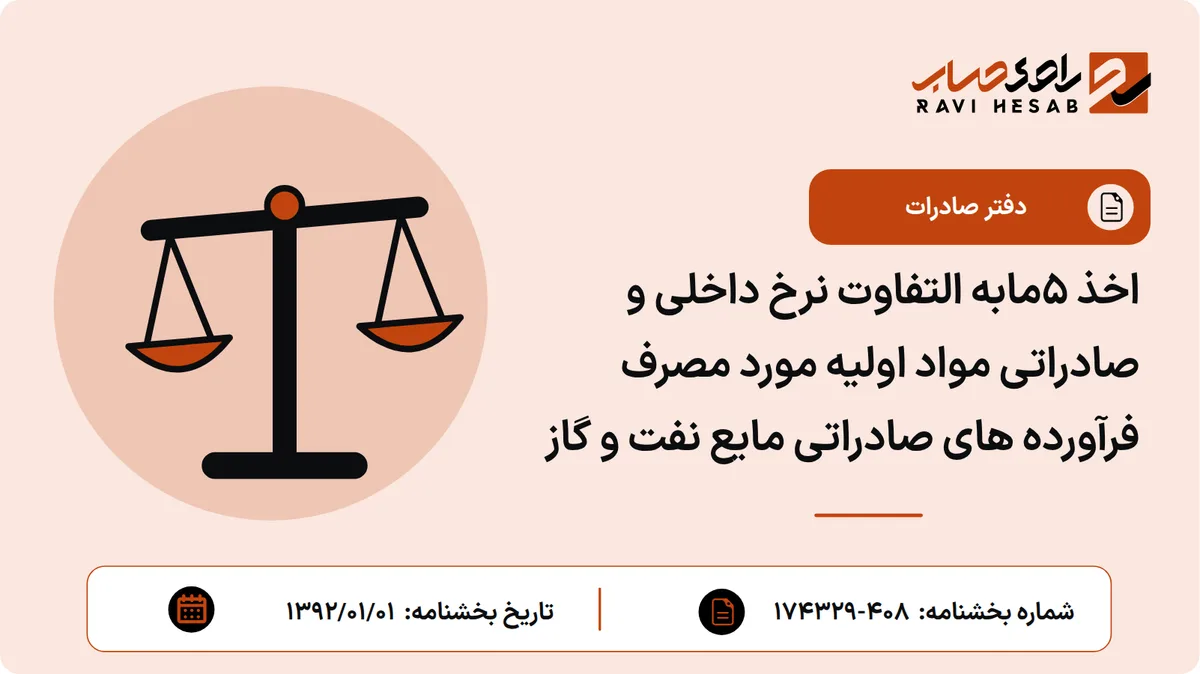 اخذ 5مابه التفاوت نرخ داخلی و صادراتی مواد اولیه مورد مصرف فرآورده های صادراتی مایع نفت و گاز