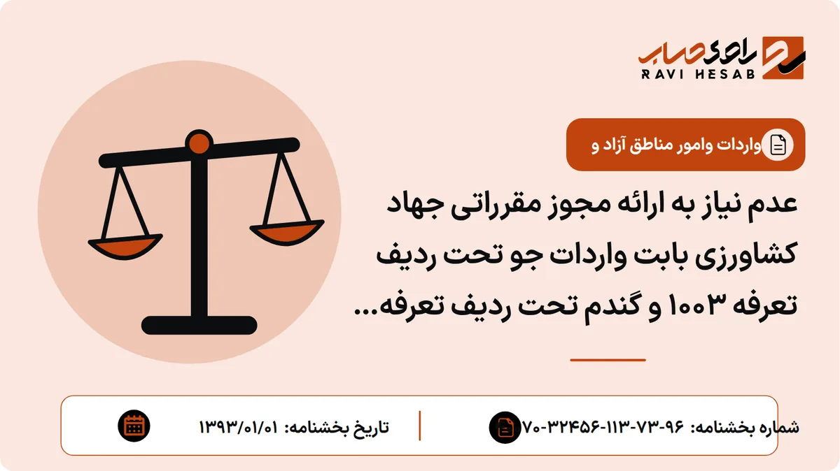 عدم نیاز به ارائه مجوز مقرراتی جهاد کشاورزی بابت واردات جو تحت ردیف تعرفه 1003 و گندم تحت ردیف تعرفه 1001