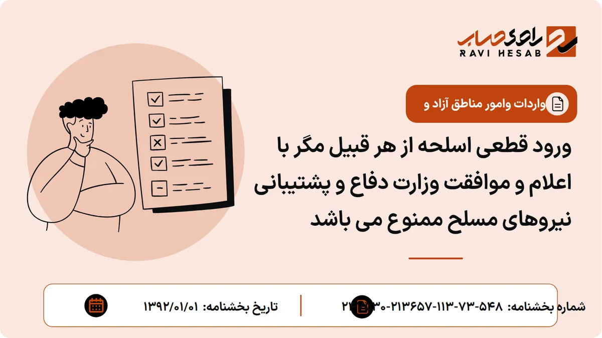 ورود قطعی اسلحه از هر قبیل مگر با اعلام و موافقت وزارت دفاع و پشتیبانی نیروهای مسلح ممنوع می باشد