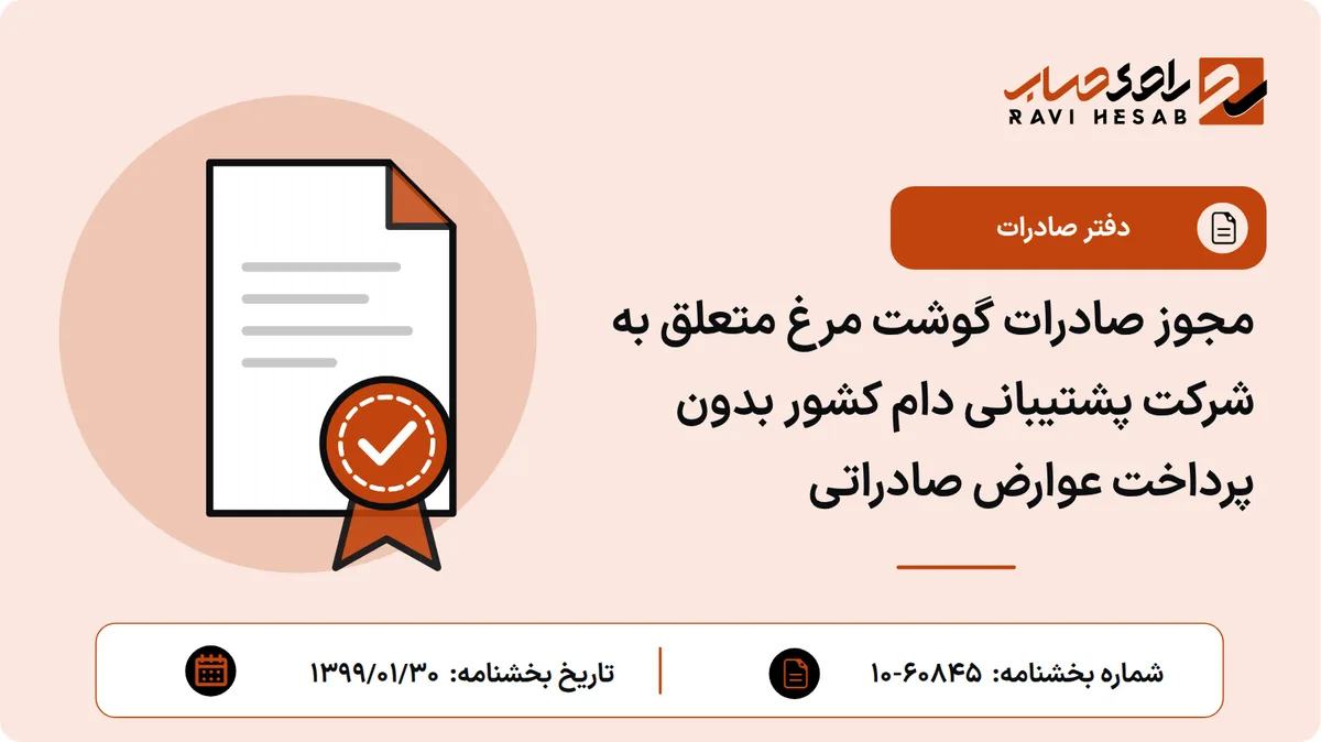 مجوز صادرات گوشت مرغ متعلق به شرکت پشتیبانی دام کشور بدون پرداخت عوارض صادراتی