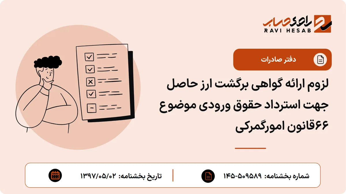 لزوم ارائه گواهی برگشت ارز حاصل جهت استرداد حقوق ورودی موضوع 66قانون امورگمرکی
