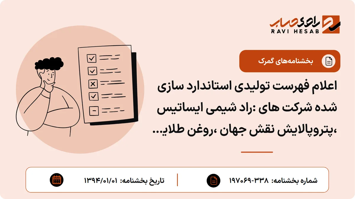 اعلام فهرست تولیدی استاندارد سازی شده شرکت های :راد شیمی ایساتیس ،پتروپالایش نقش جهان ،روغن طلایی احیا،سیدصابر حسینی شیراز .