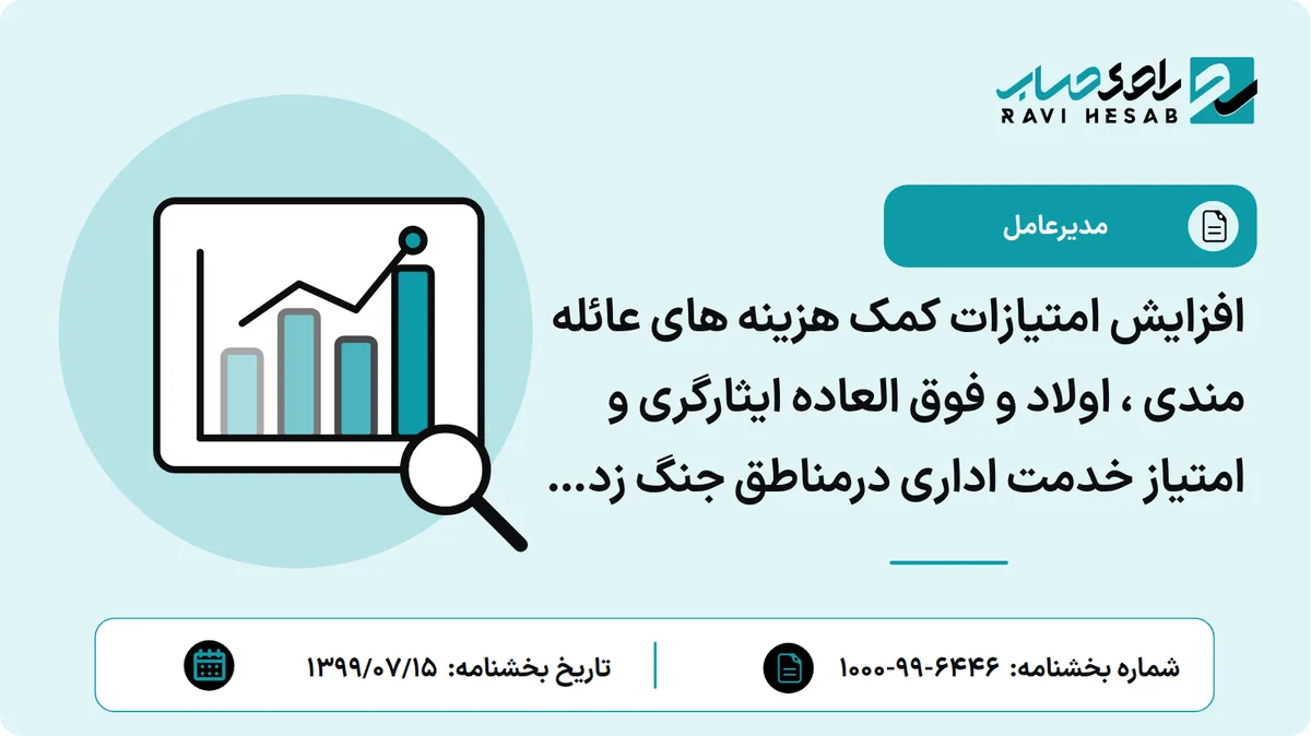افزایش امتیازات کمک هزینه های عائله مندی ، اولاد و فوق العاده ایثارگری و امتیاز خدمت اداری درمناطق جنگ زده از تاریخ 98/12/1 و اعمال ضریب ریالی در سال 99