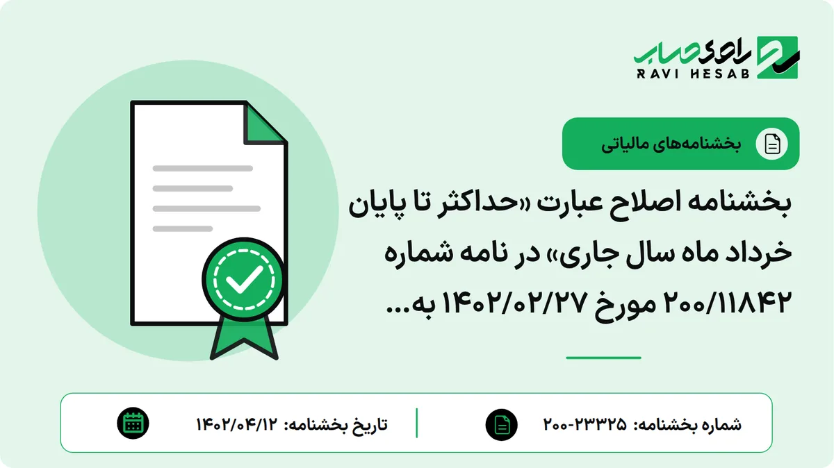 بخشنامه اصلاح عبارت «حداکثر تا پایان خرداد ماه سال جاری» در نامه شماره 200/11842 مورخ 1402/02/27 به «حداکثر تا پایان شهریور ماه سال 1402»