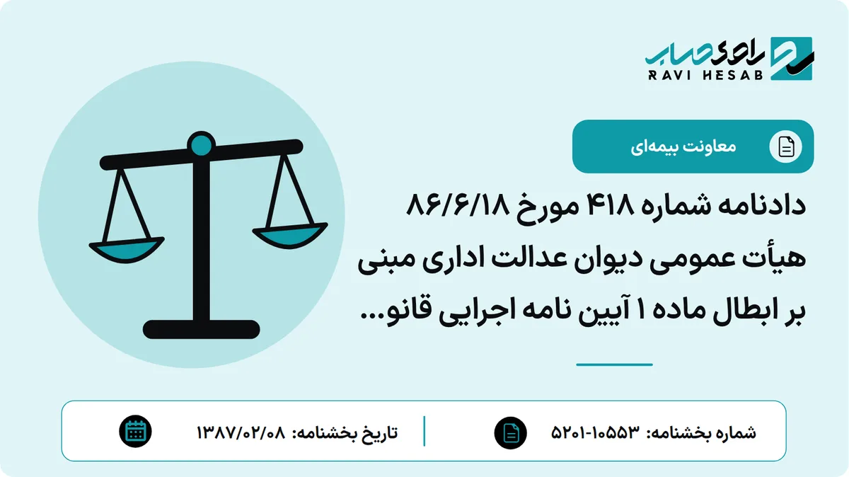 دادنامه شماره 418 مورخ 86/6/18 هیأت عمومی دیوان عدالت اداری مبنی بر ابطال ماده 1 آیین نامه اجرایی قانون معافیت از پرداخت حق بیمه سهم کارفرمای کارگاه های تولیدی، صنعتی و فنی تا ...