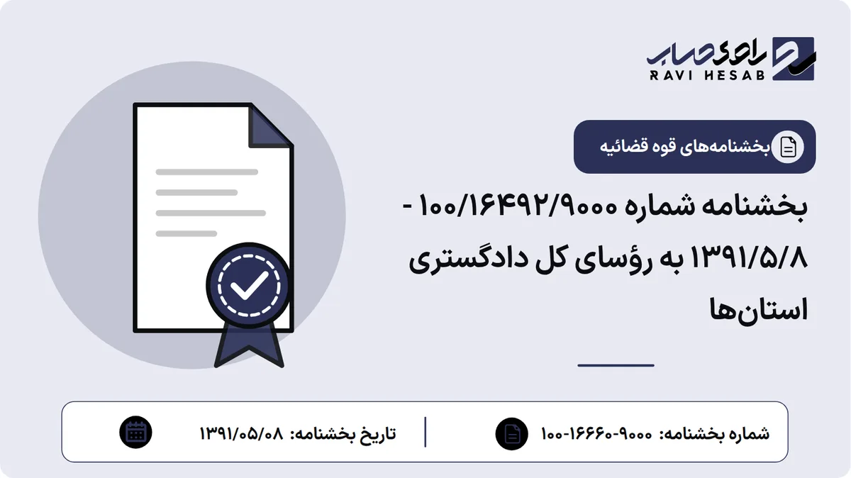 بخشنامه شماره ۱۰۰/۱۶۴۹۲/۹۰۰۰ - ۱۳۹۱/۵/۸ به رؤسای کل دادگستری استانها