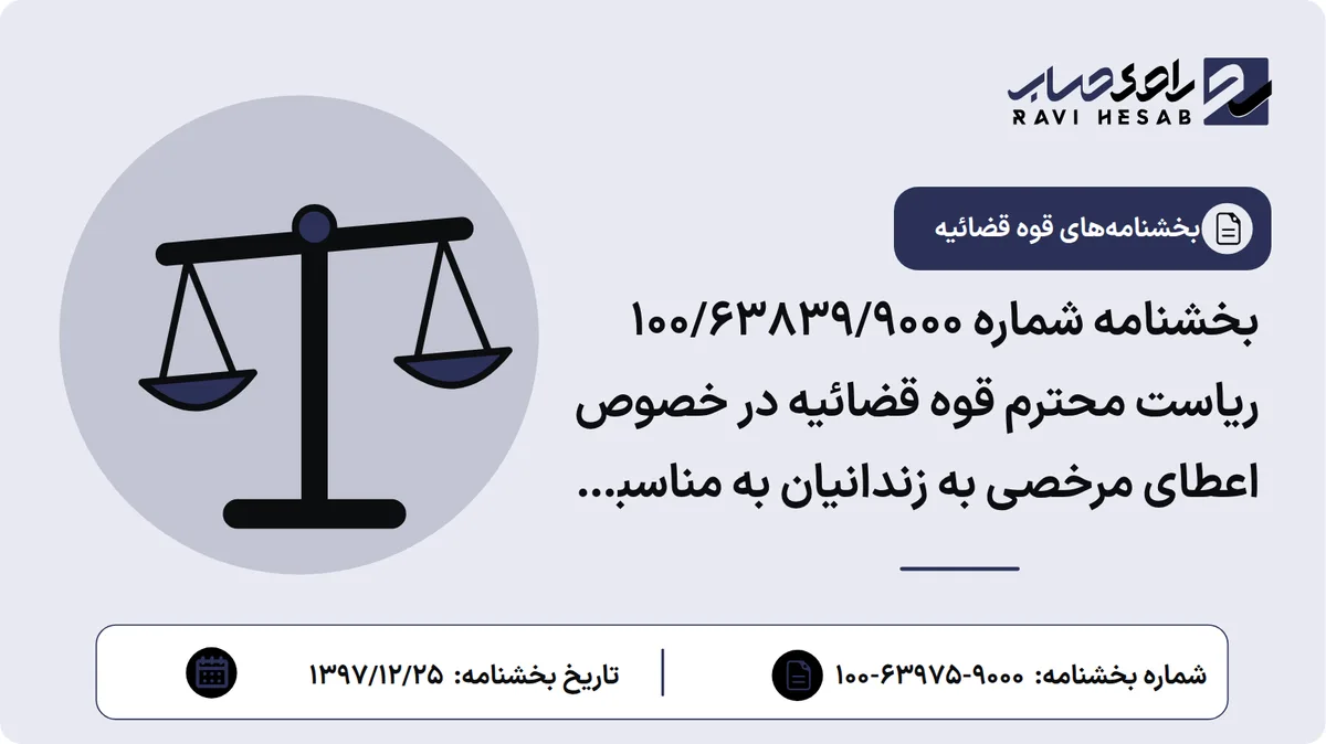 بخشنامه شماره ۱۰۰/۶۳۸۳۹/۹۰۰۰ ریاست محترم قوه قضائیه در خصوص اعطای مرخصی به زندانیان به مناسبت فرا رسیدن نوروز ۱۳۹۸