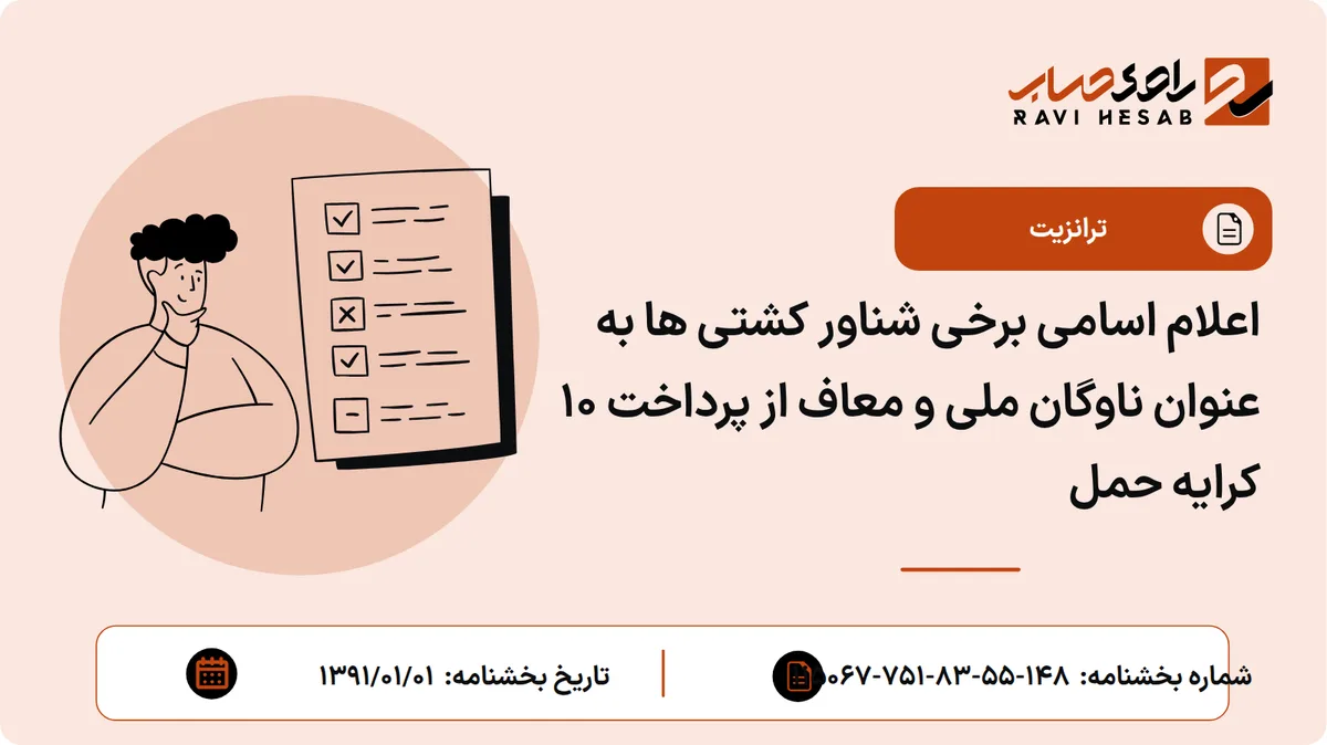 اعلام اسامی برخی شناور کشتی ها به عنوان ناوگان ملی و معاف از پرداخت 10 کرایه حمل