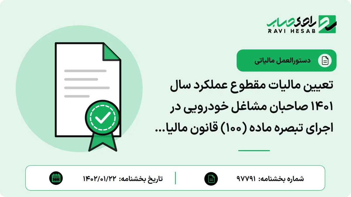 تعیین مالیات مقطوع عملکرد سال 1401 صاحبان مشاغل خودرویی در اجرای تبصره ماده (100) قانون مالیات های مستقیم اصلاحی مصوب 1394/04/31