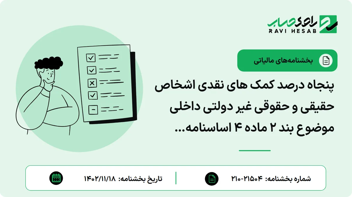 پنجاه درصد کمک های نقدی اشخاص حقیقی و حقوقی غیر دولتی داخلی موضوع بند ۲ ماده ۴ اساسنامه صندوق ملی محیط زیست که به حساب صندوق مذکور واریز می شود، به عنوان هزینه قابل قبول مالیاتی همان سال تلقی می شود