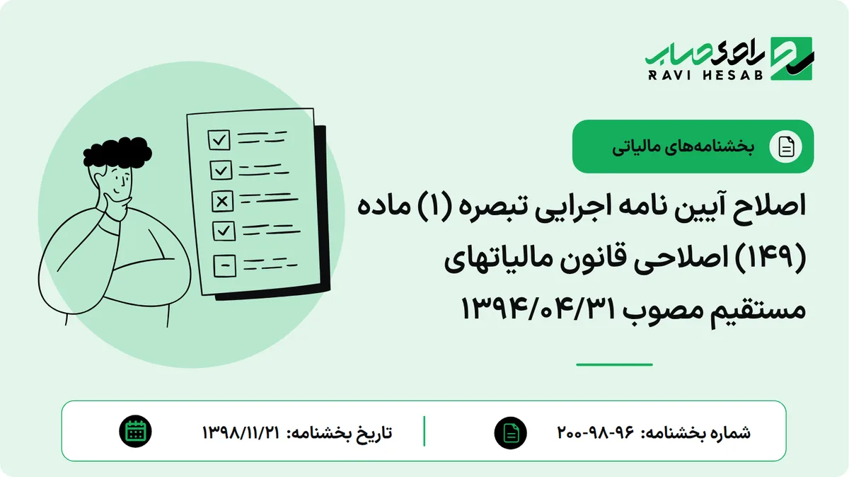 اصلاح آیین نامه اجرایی تبصره (1) ماده (149) اصلاحی قانون مالیاتهای مستقیم مصوب 1394/04/31