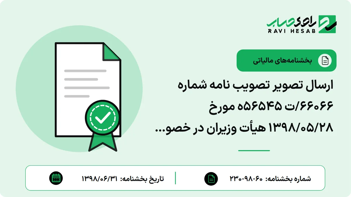 ارسال تصویر تصویب نامه شماره 66066/ت 56545ه مورخ 1398/05/28 هیأت وزیران در خصوص اصلاح تصویب نامه شماره 53970/ت52406 ه مورخ 1395/05/10 هیأت وزیران