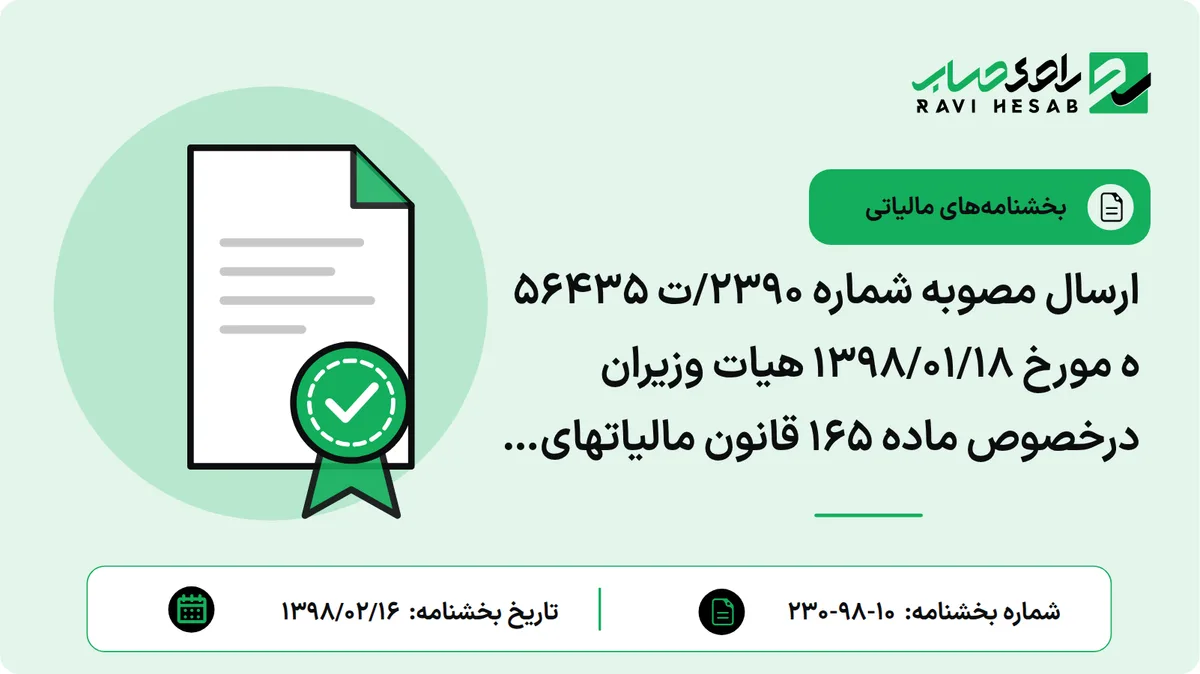 ارسال مصوبه شماره 2390/ت 56435 ه مورخ 1398/01/18 هیات وزیران درخصوص ماده 165 قانون مالیاتهای مستقیم